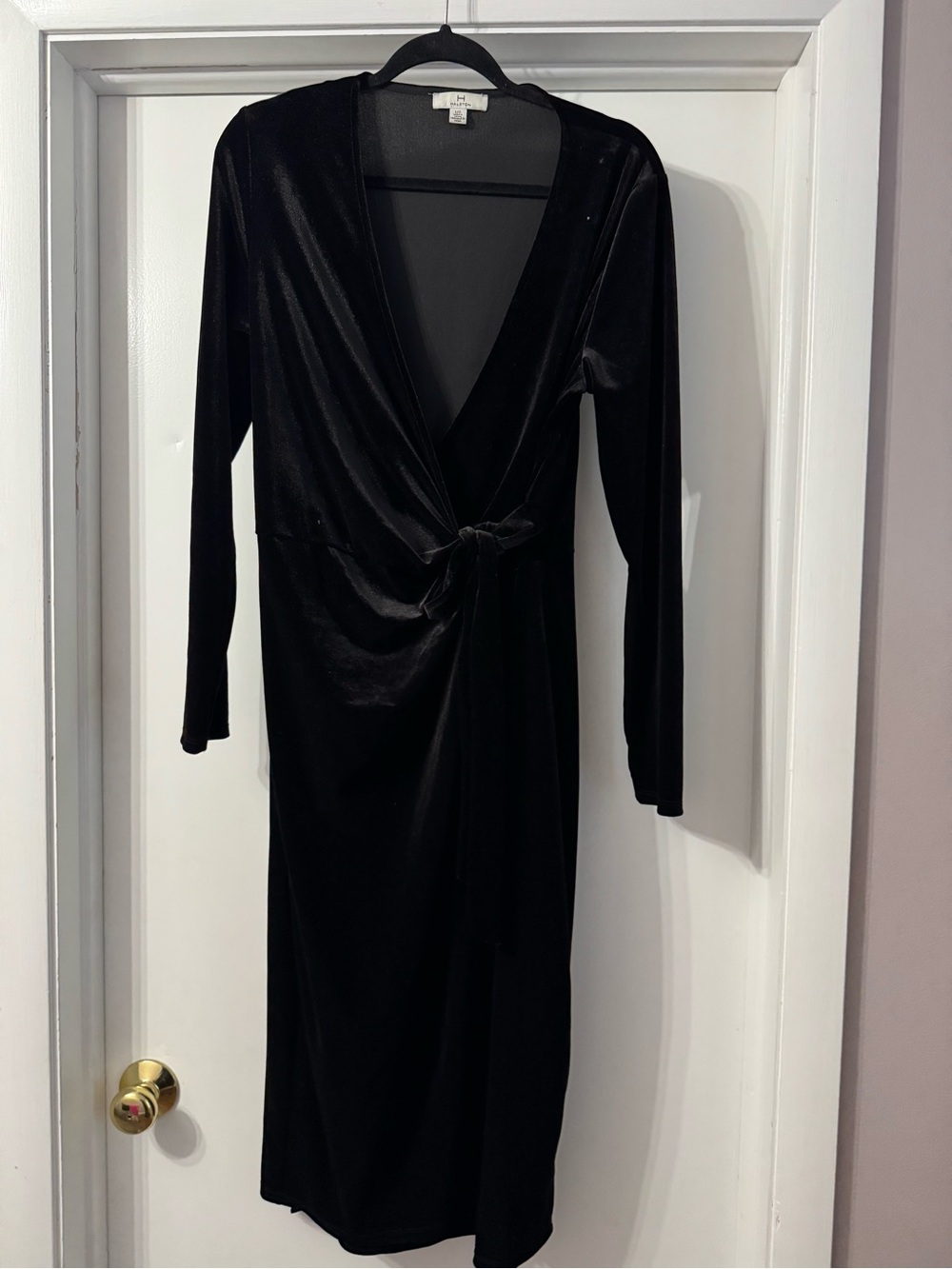 Halston Black Long-Sleeve Wrap Velvet Dress